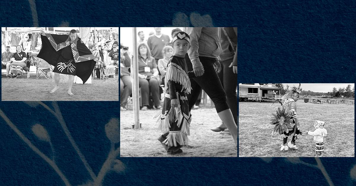 Three images of Indigenous people at a powwow
