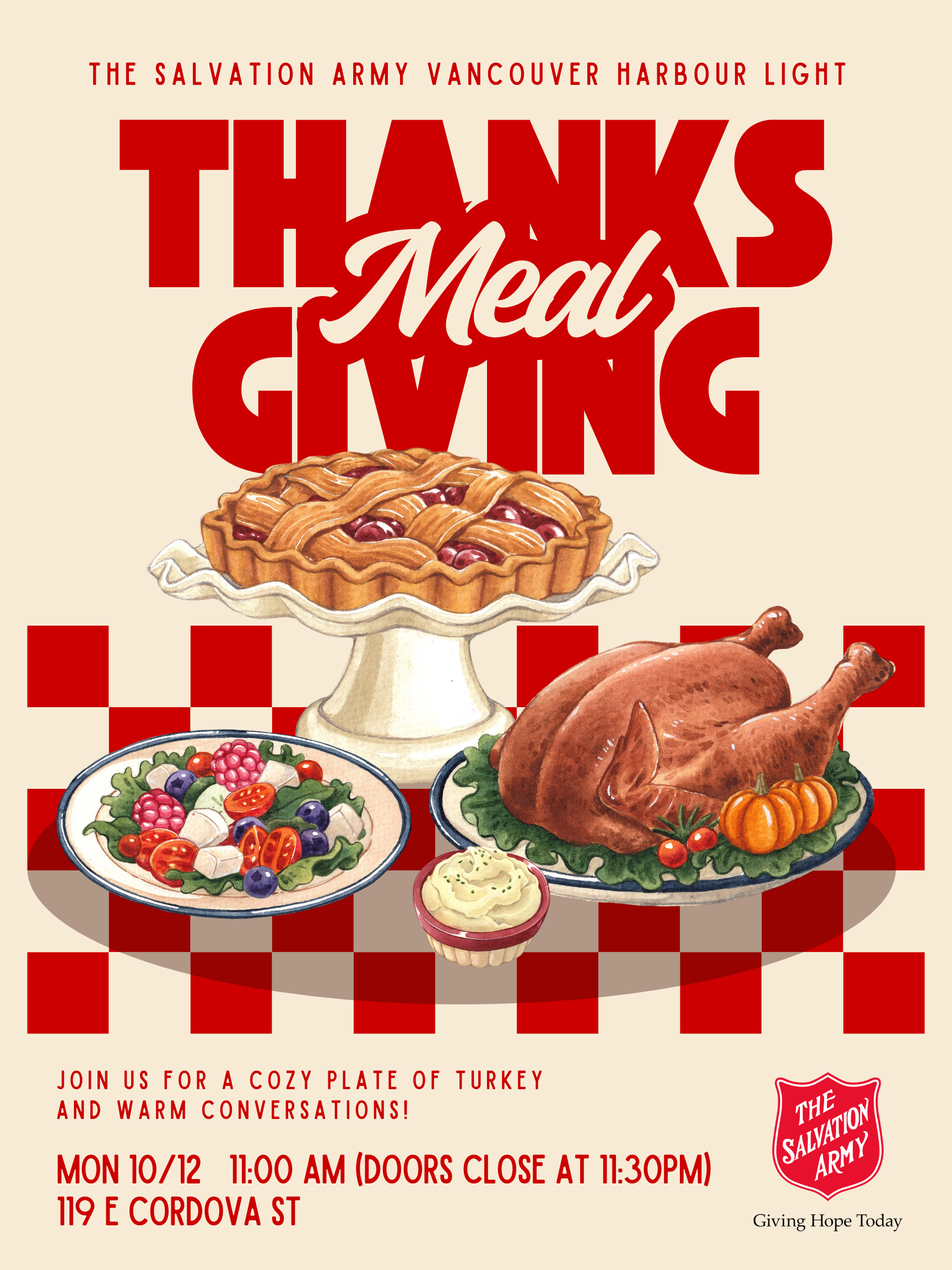 Thanksgiving Meal Poster. Mon october 12, 11am at 119 East Cordova St